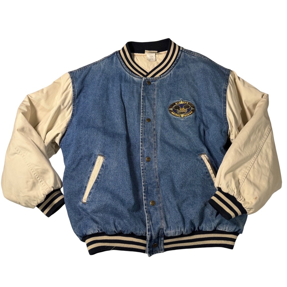 VTG Disney Animal Kingdom Varsity Jacket Blue Denim‎ 1998 Embroidered L Mens